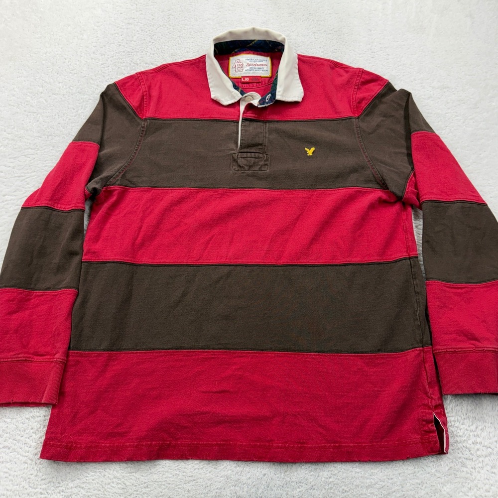VTG Y2K American Eagle Mens Rugby Shirt Red Brown Striped Long Sleeve Cotton L